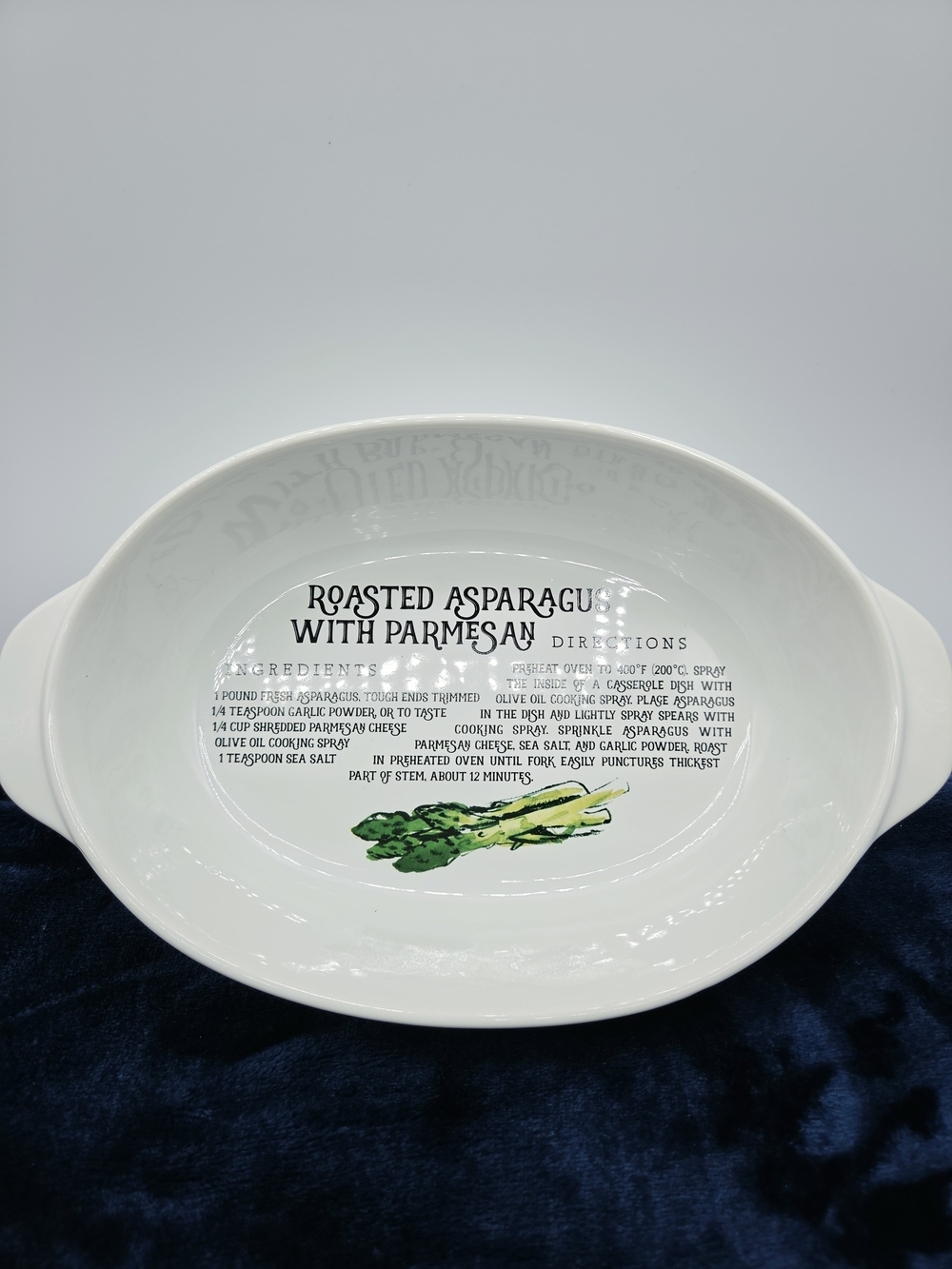 White Ceramic Roasted Asparagus Baking Dish with Green Accent